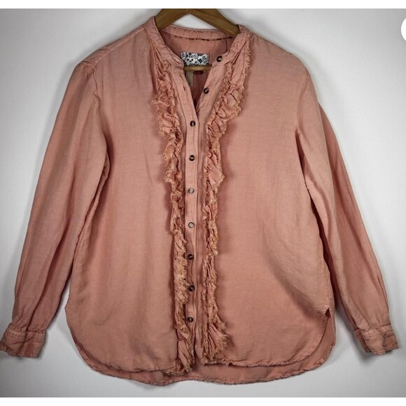Pilcro Shirt Womens Small Pink Button Front Ruffle Long Sleeve Top Blouse - Picture 1 of 15